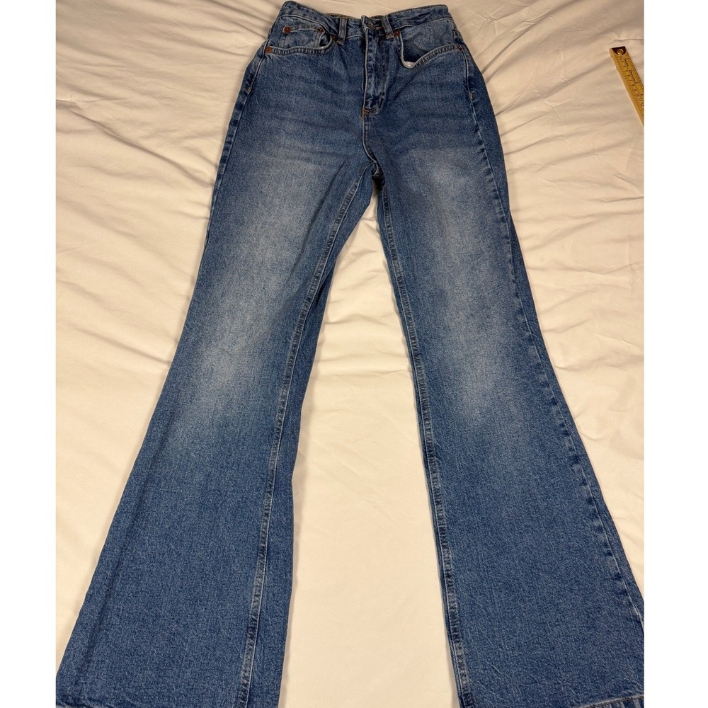 NA-KD Women High Waisted Flared Jeans Medium Wash Blue Denim Size 4